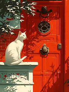 红门和白猫插画