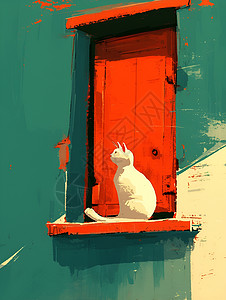 红门小门前的猫咪插画