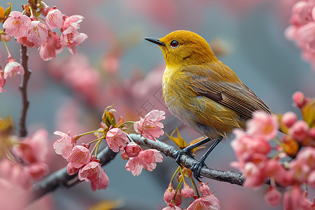 牡丹花上的小鸟樱花树枝上的白眉鸟背景
