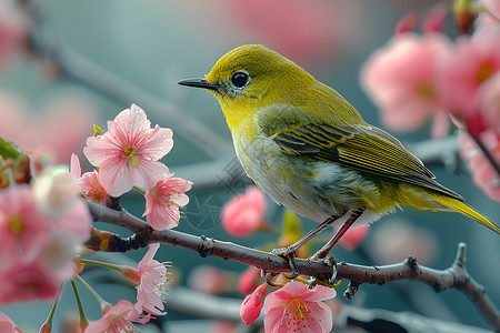 中国画花樱花树上的小麻雀背景