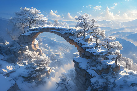 石拱桥屹立在山脉插画