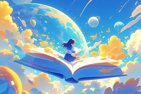 坐在书上看书坐在书上飞翔的女孩插画