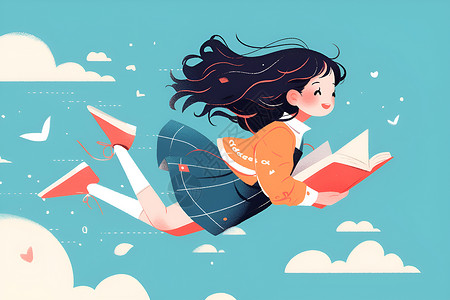 女孩在看书飞在空中的读书少女插画