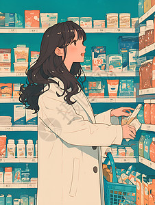 超市物品素材选购物品的少女插画