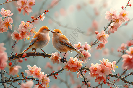 樱花插画配图樱花树上的白眼鸟背景