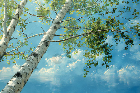 清新春日的白桦树背景图片