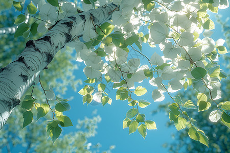 白桦树干春天的树枝背景