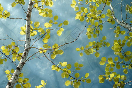 白桦树干树枝上的黄色树叶背景
