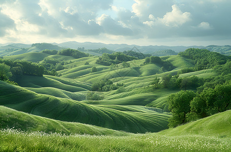 翠绿树木翠绿连绵的山丘背景