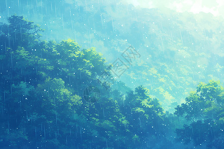 下雨森林雨中静谧的森林插画