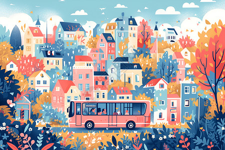 粉色鲜艳花朵粉色巴士穿行在充满色彩的城市中插画