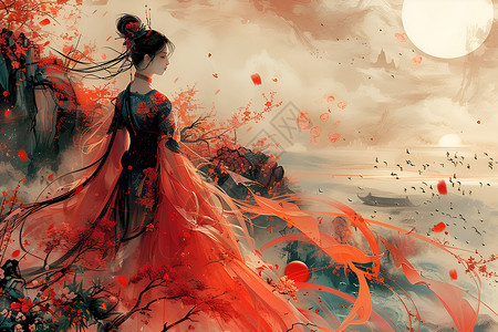 花朵裙子身着红裙的女子插画