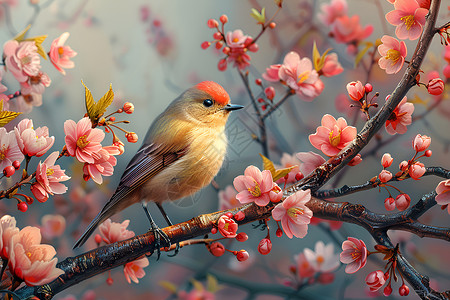 西伯利亚山雀粉色花树上的山雀插画