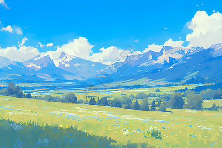 山顶背景春日美丽的草原插画