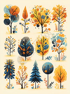 不同形状树树林里形状不同的树木插画