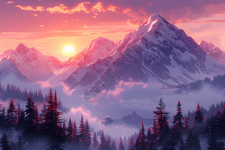 日出照云雾壮观的山脉插画