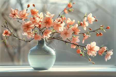 旧花盆窗台上的桃花芬芳盛放背景