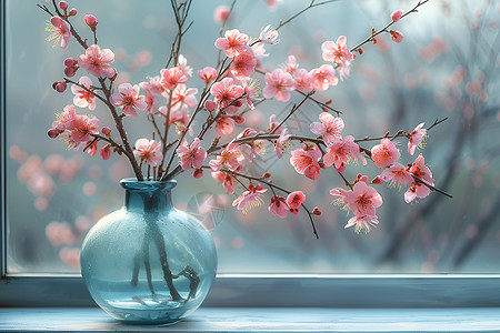 花藝桃花簇拥的瓶子背景