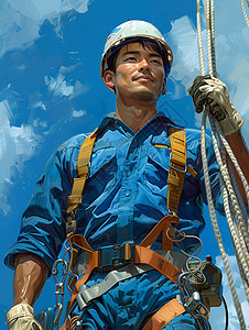 人物手持安全帽蓝天下的建筑工人插画