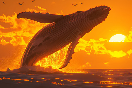 鲸头鹳夕阳下的座头鲸插画