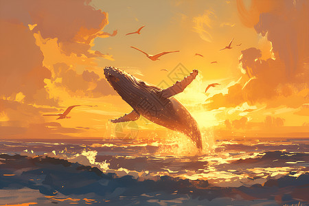 夕阳下保时捷夕阳下的鲸鱼插画