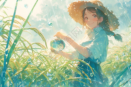 草帽女孩在稻田里浇水插画