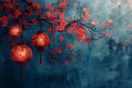 灯具装饰红灯笼挂在树枝上插画
