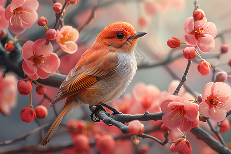 春天樱花插画樱花树上盘旋的小鸟背景