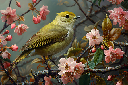 漫画版樱花树春日花朵和小鸟背景