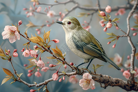 春天插画场景粉红花枝上的小鸟背景