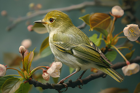 韩式风景插画樱花树上静坐的小鸟背景