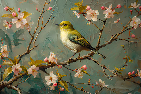 鸟素材白底片樱花树上的日本白眉鸟插画