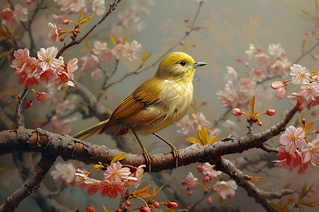樱花树插画优雅的小鸟背景