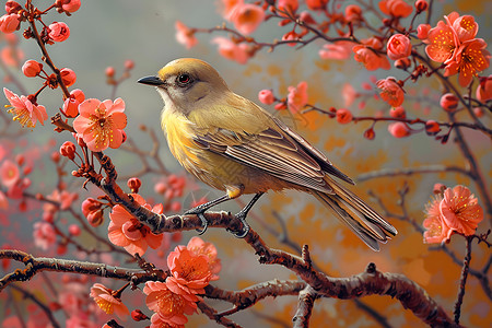 春天樱花插画樱花树上栖息的白眼鸟背景