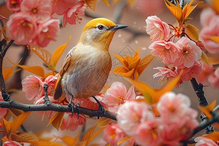 鸟插画白眼鸟立在樱花树枝上背景