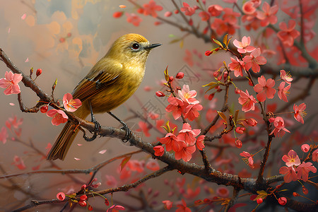 樱花树上的黄色小鸟背景图片