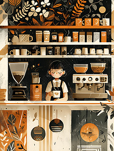 咖啡柜台做咖啡的男性插画