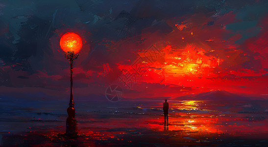 黄昏海洋红色夕阳插画