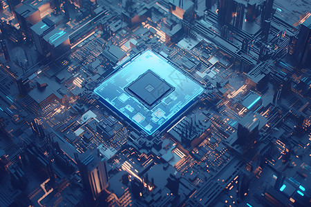 未来计算机蓝光闪耀的芯片插画