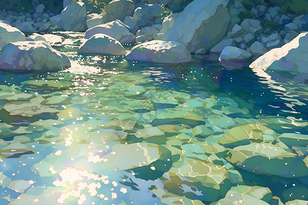 水底石头清澈的河流插画