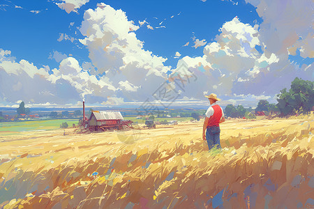 抱着小麦农民麦田里远处有农舍插画