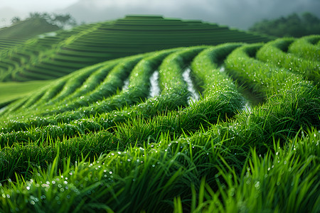 稻田和住宅区水稻叶上晶莹露珠和田野美景背景