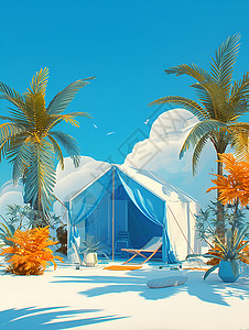 沙滩上的椰子树沙滩上户外帐篷插画