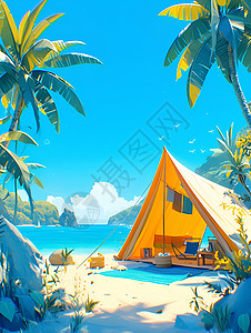 沙滩上的椰子树夏日沙滩上的露营帐篷插画