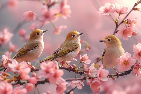 美丽鸟儿婀娜多姿的樱花和小鸟背景