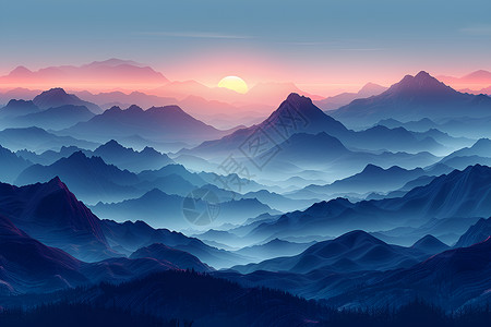 夕阳风景素材唯美山脉风景插画