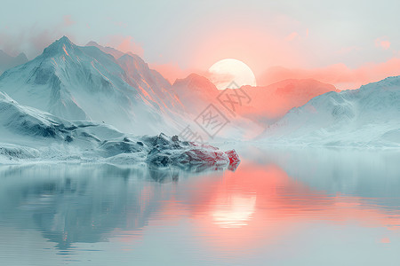 染红的悠然湖畔夕阳染红天空插画
