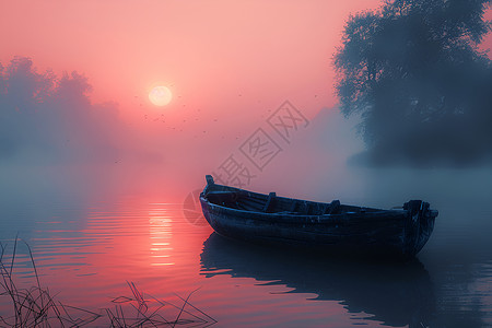 美丽的日落湖畔中的日落小船插画