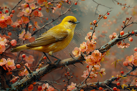 春天的樱花枝樱花枝上一只优雅小鸟插画