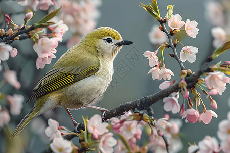 春天动物樱花上的鸟儿栖息背景